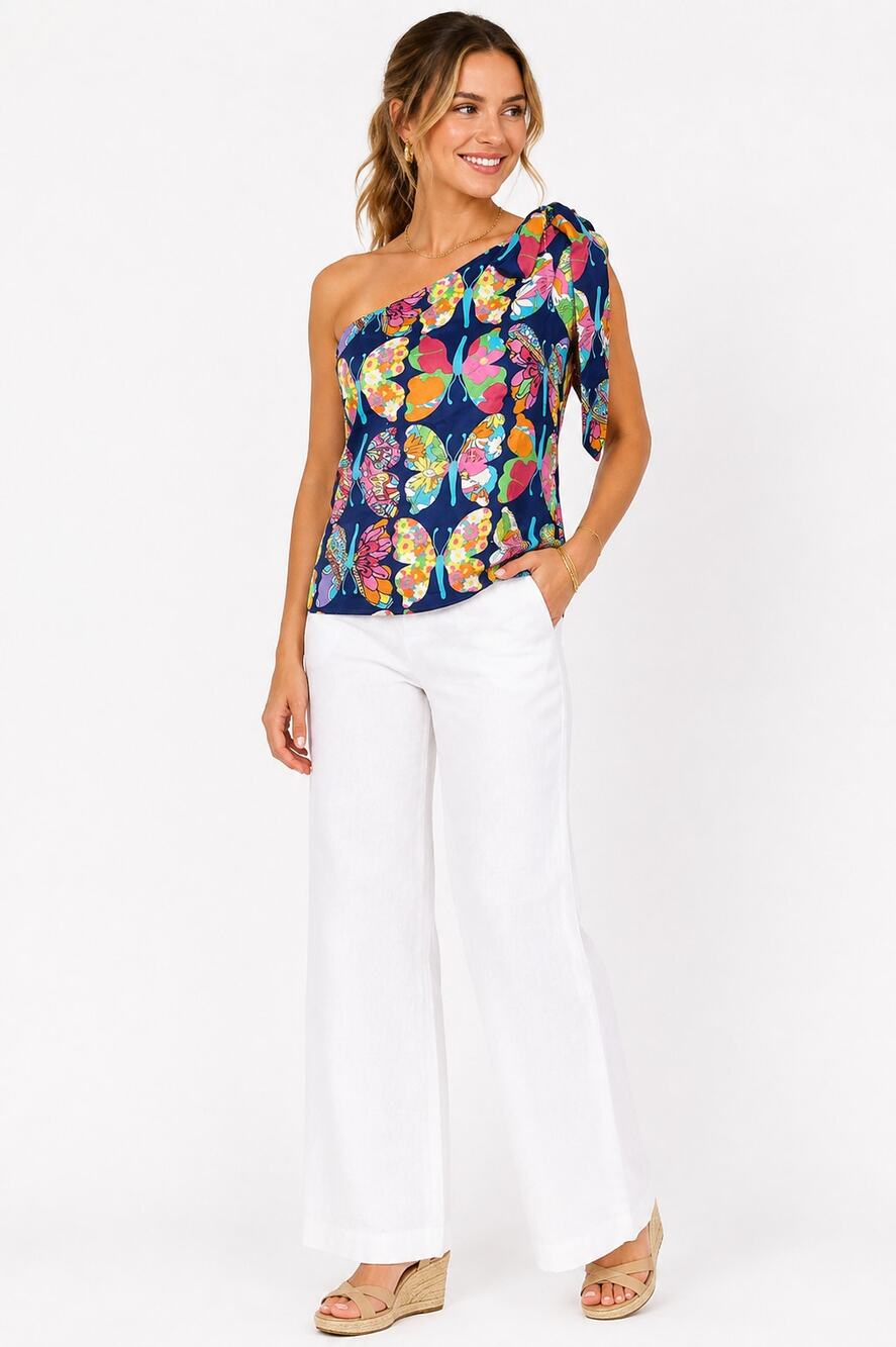 Lilly Pulitzer Roe Silk One Shoulder Top Butterfly Print Navy Multicolor Sz 4